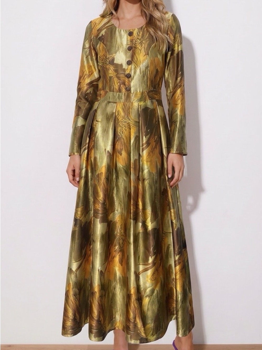 NWT FAERIESTY Metallic Gold Floral Maxi Dress  M Long Sleeve Whimsigoth Elegant